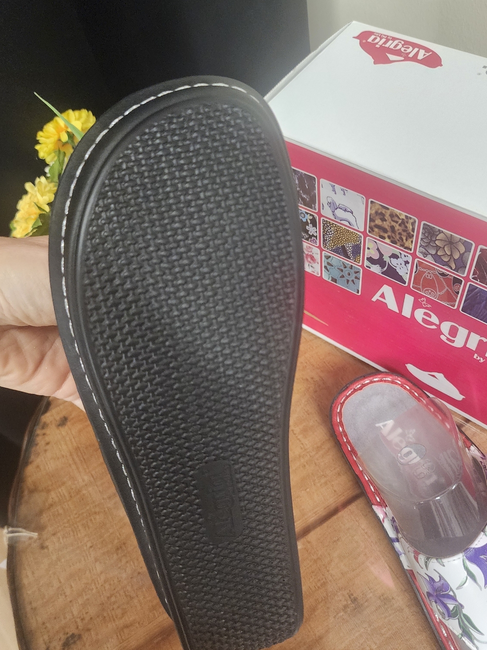 Alegria Floral Leather Thong Sandals - White with Pink & Purple Flowers - Picture 4 of 5